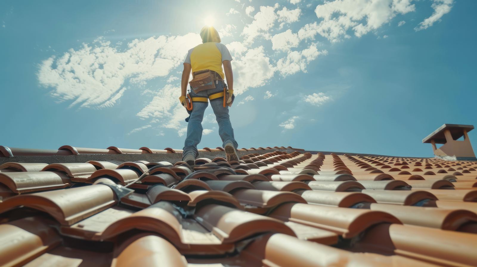 Roofer standing at the ridge of a tiled roof