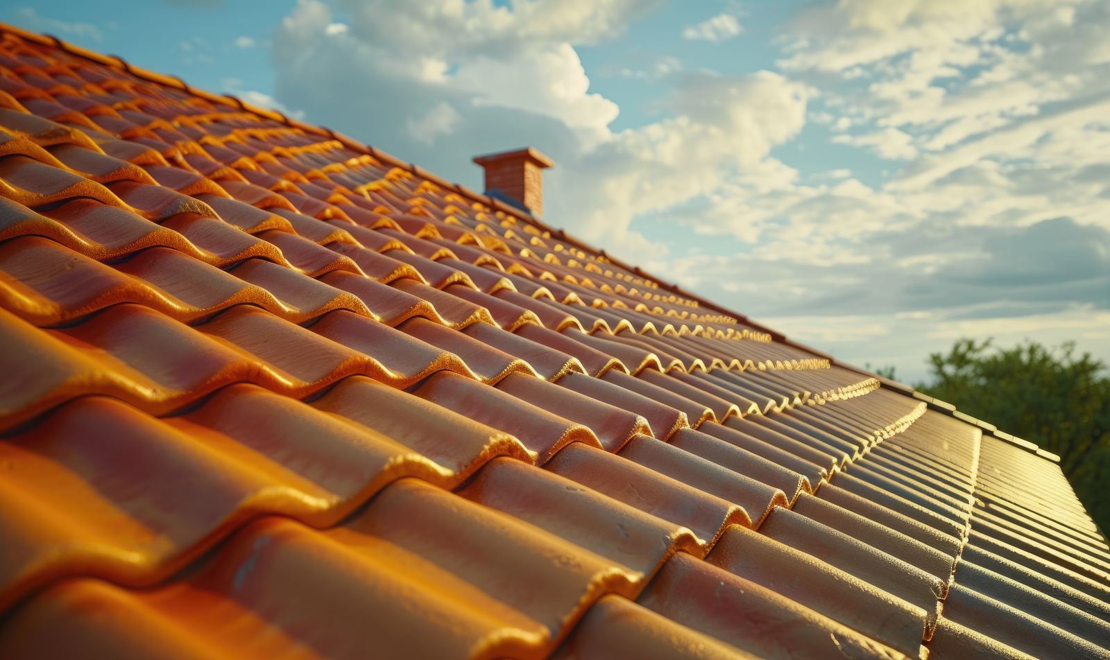 Golden tiled roof slope with chimney